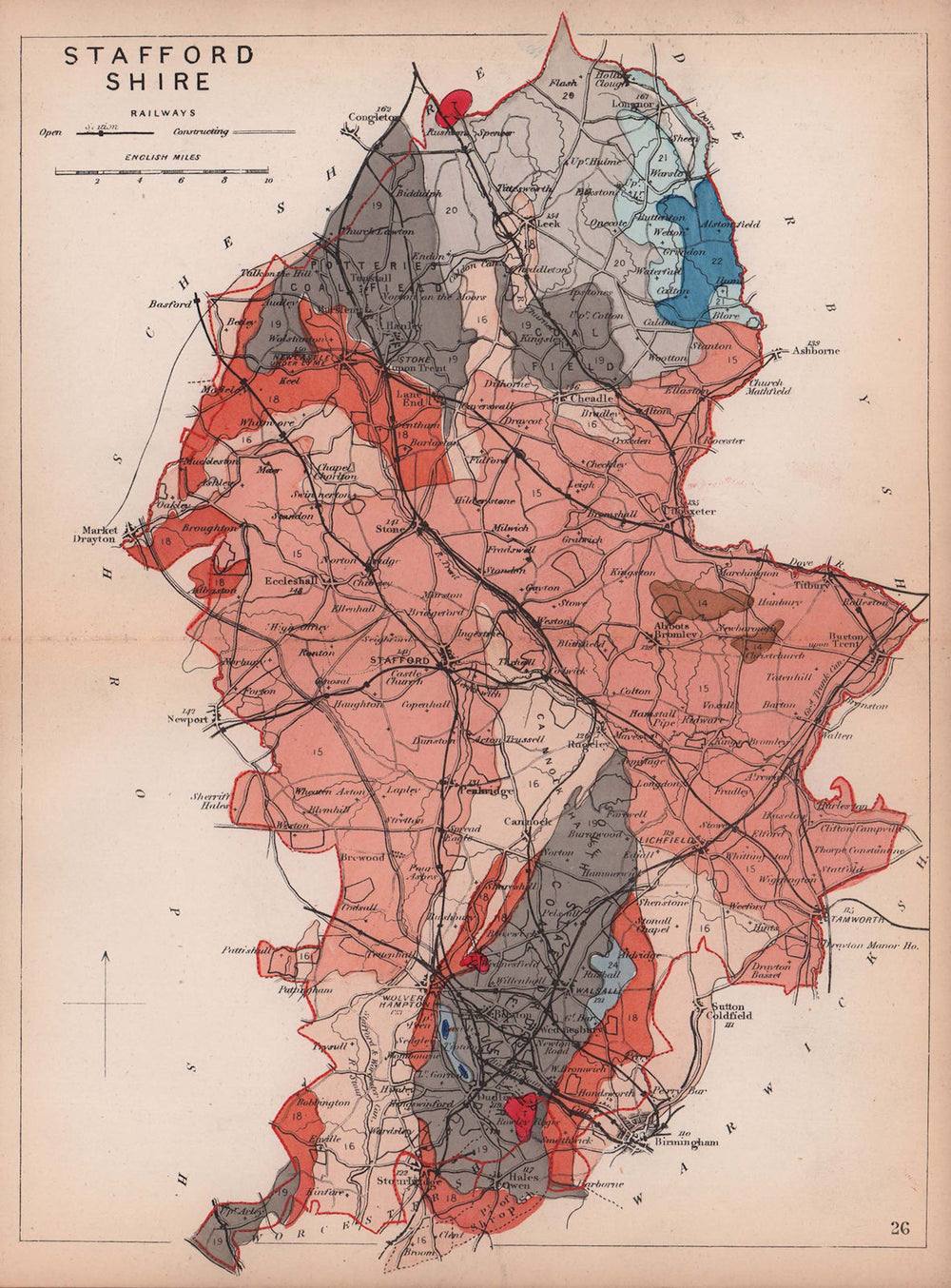 STAFFORDSHIRE antique geological county map by James Reynolds 1864