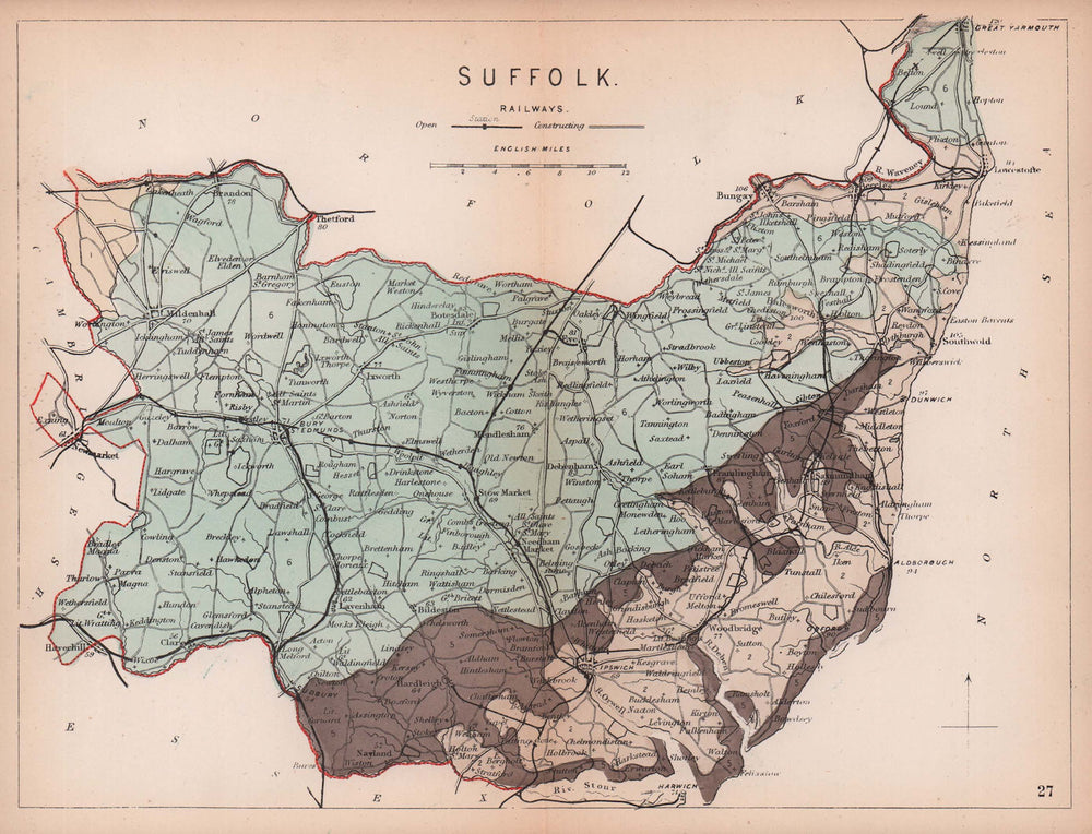 SUFFOLK antique geological county map by James Reynolds 1864