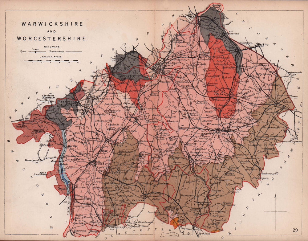 WARWICKSHIRE & WORCESTERSHIRE antique geological county map. James Reynolds 1864