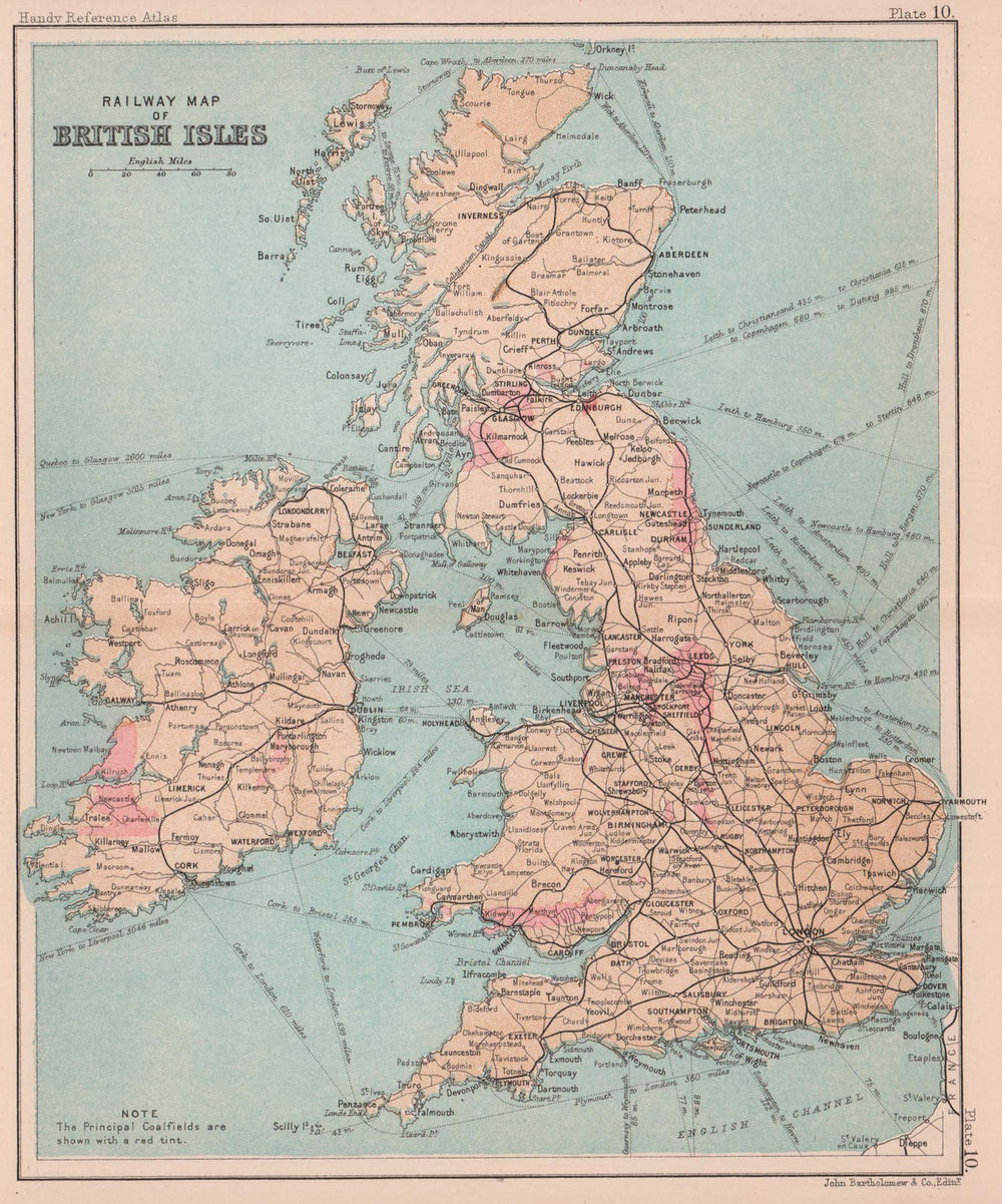 Railway Map of British Isles. Coalfields in pink. BARTHOLOMEW 1893 old