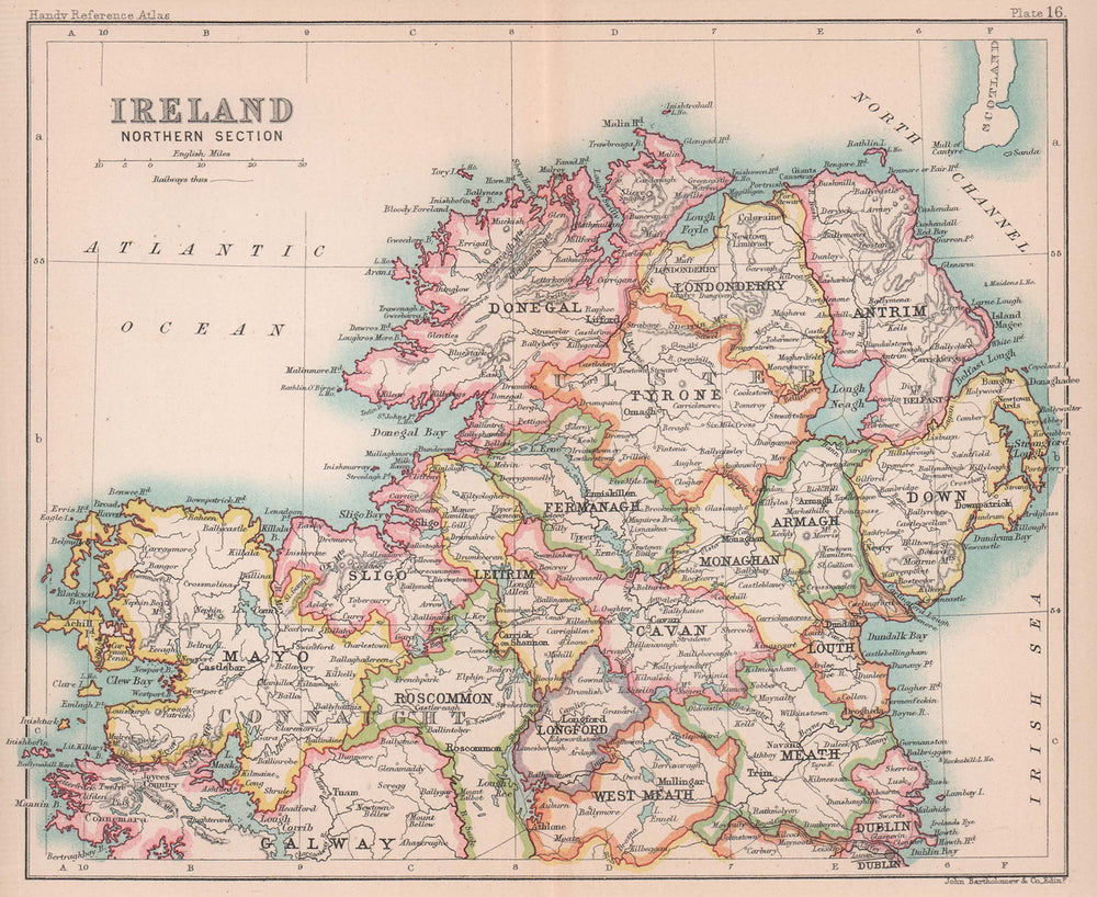 Ireland, Northern Section. Ulster. BARTHOLOMEW 1893 old antique map plan chart