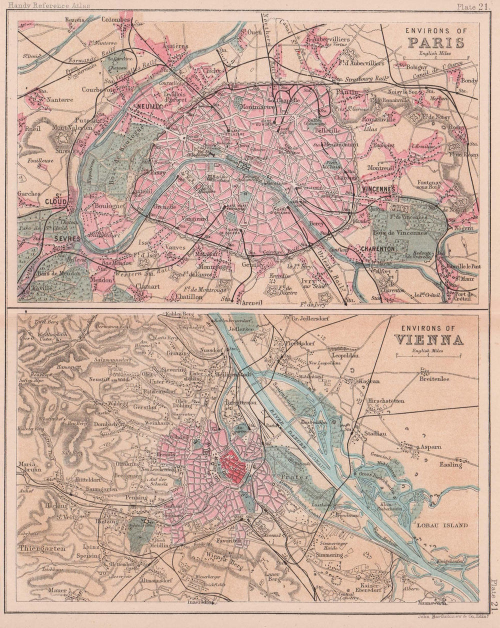 Environs of Paris & Vienna. City sketch plans. BARTHOLOMEW 1893 old map