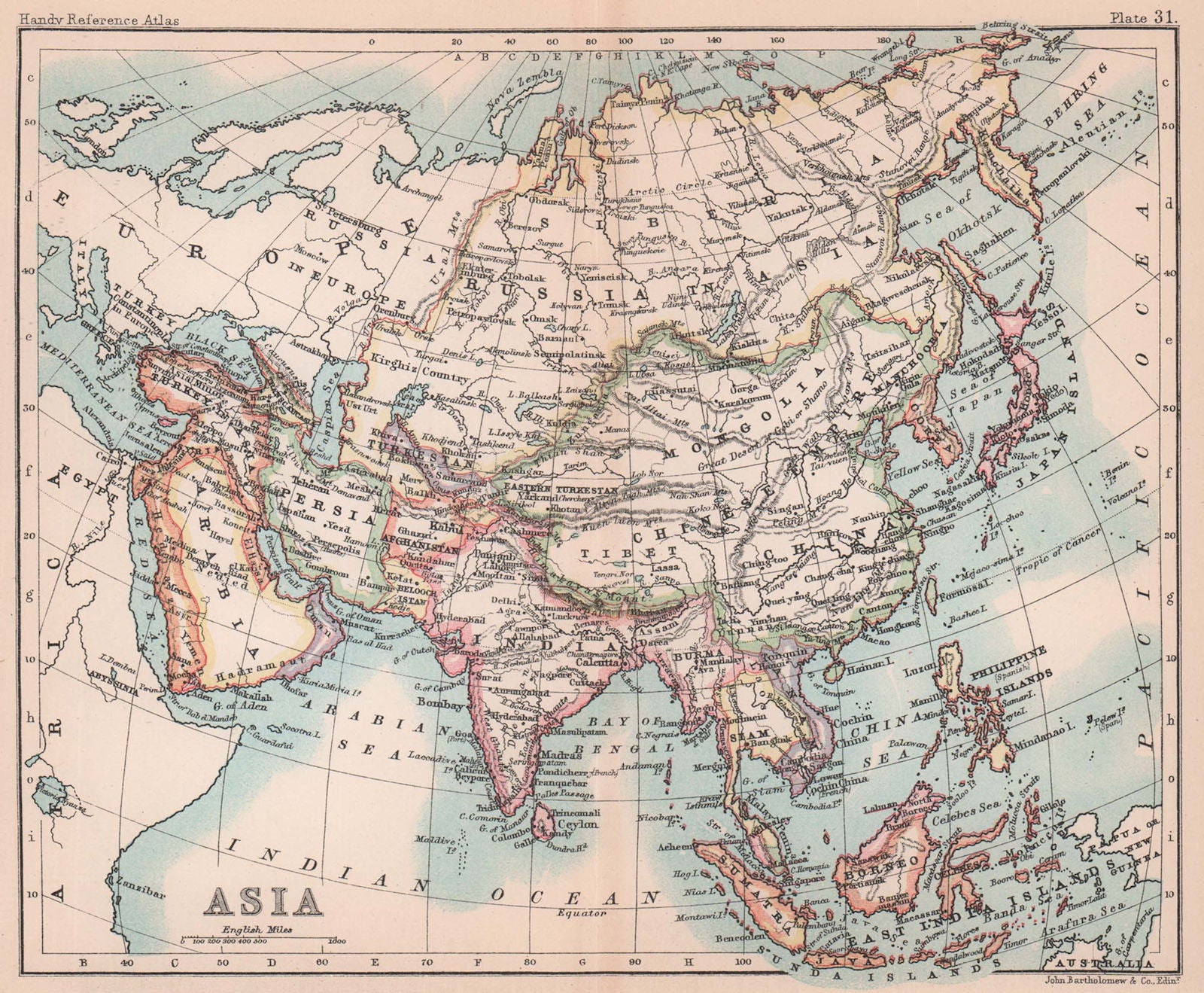 Asia. Persia Siam Anam China Corea. BARTHOLOMEW 1893 old antique map ...