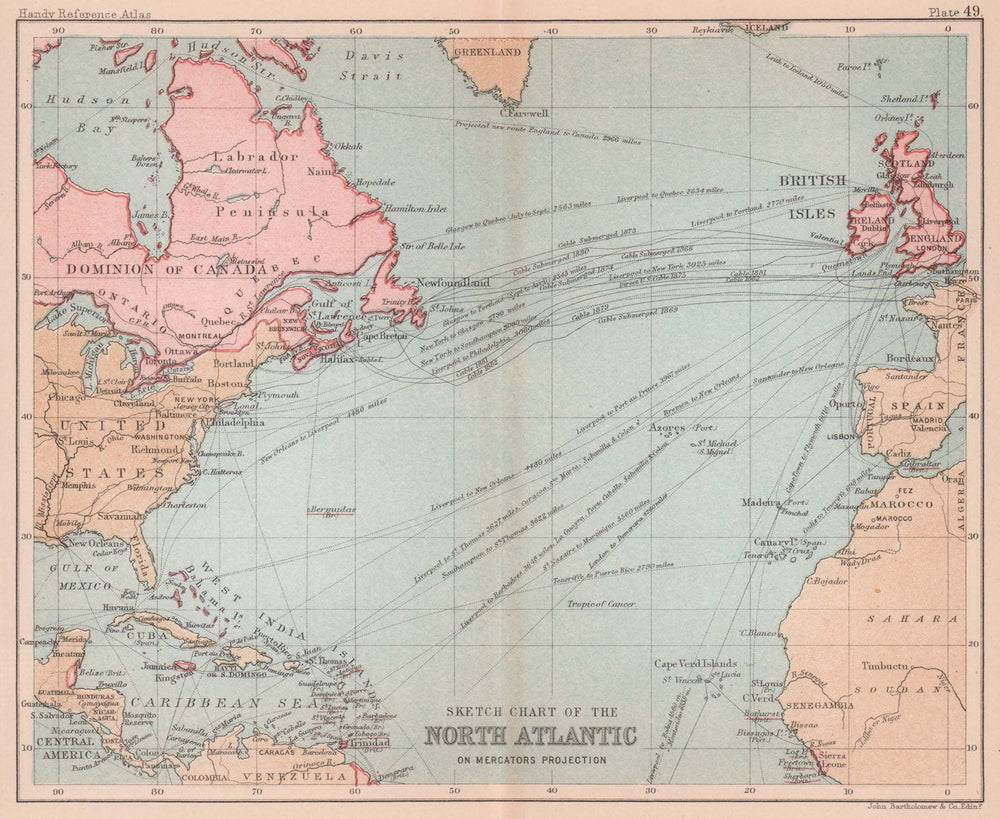 Chart of the North Atlantic. Shipping routes. Telegraphs. BARTHOLOMEW 1893 map