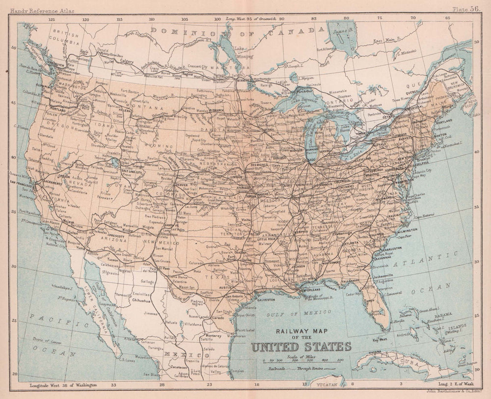 Railway Map of the United States. USA. BARTHOLOMEW 1893 old antique chart