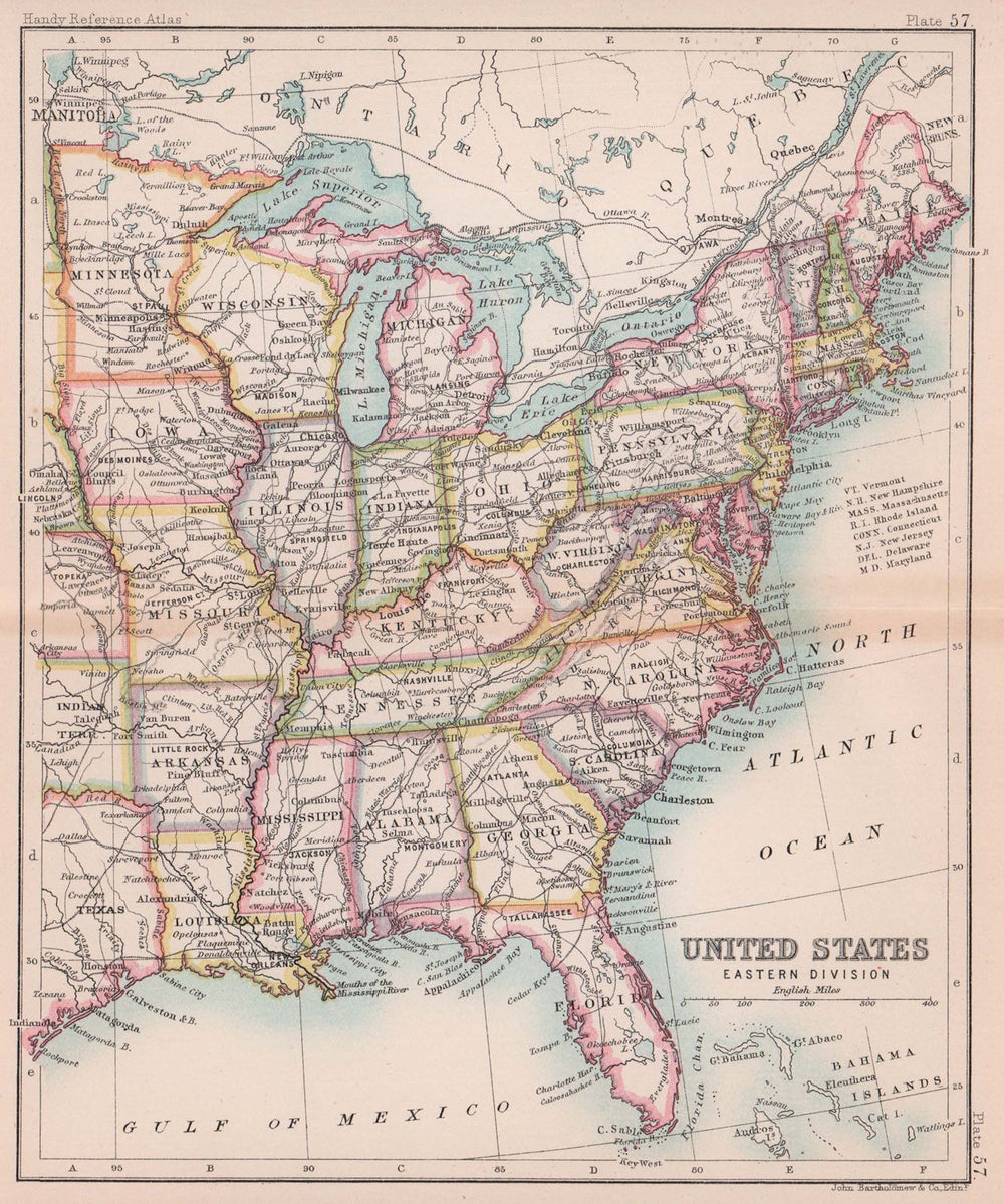 United States Eastern Division. USA. BARTHOLOMEW 1893 old antique map chart