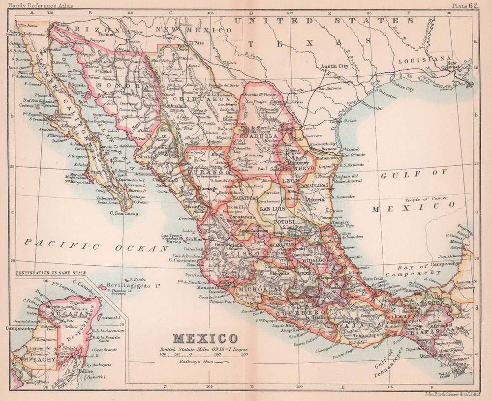 Mexico. Antique map. BARTHOLOMEW 1893 old vintage plan chart