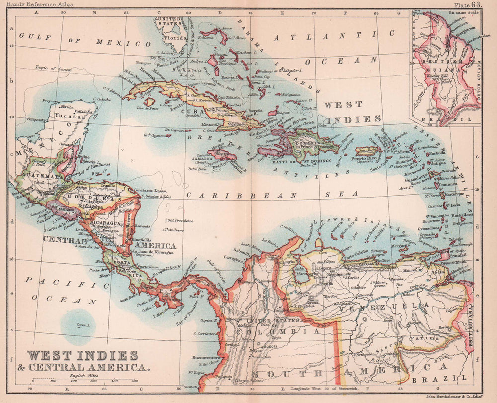 West Indies & Central America. Caribbean. BARTHOLOMEW 1893 old antique map