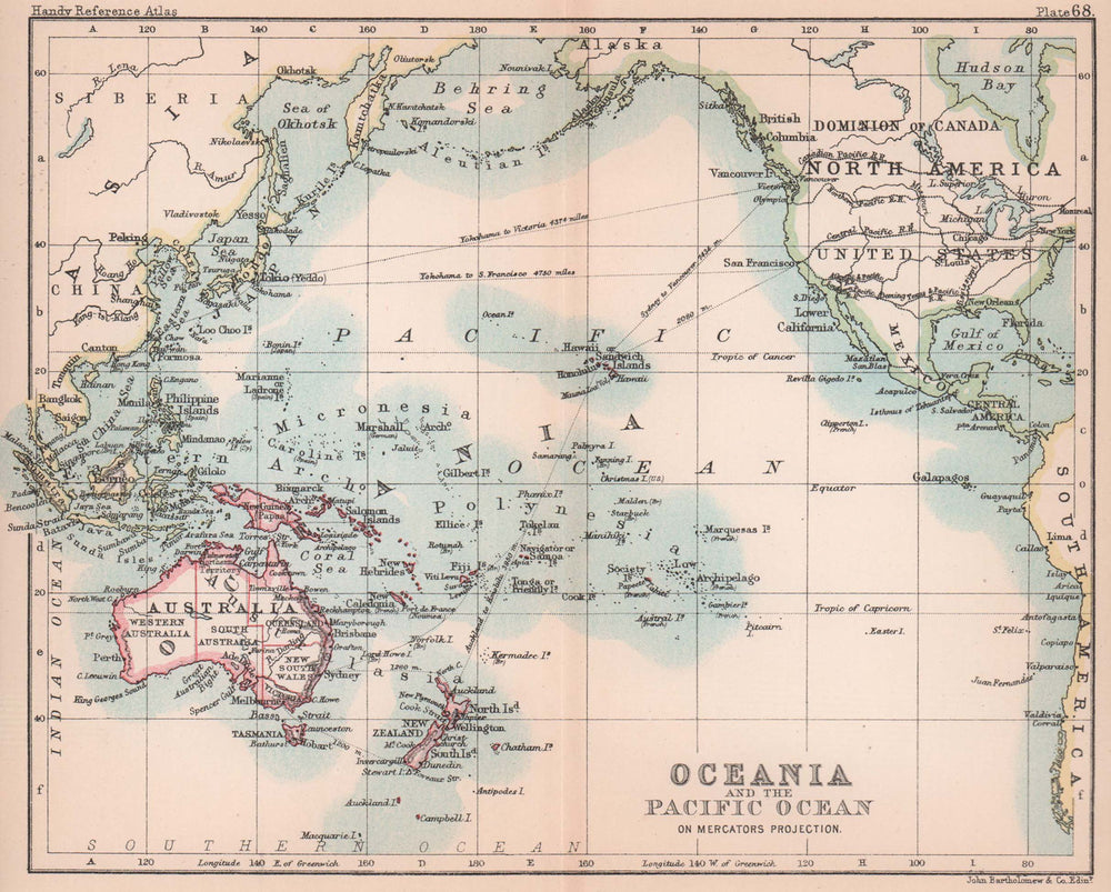 Oceania & the Pacific Ocean. BARTHOLOMEW 1893 old antique map plan chart