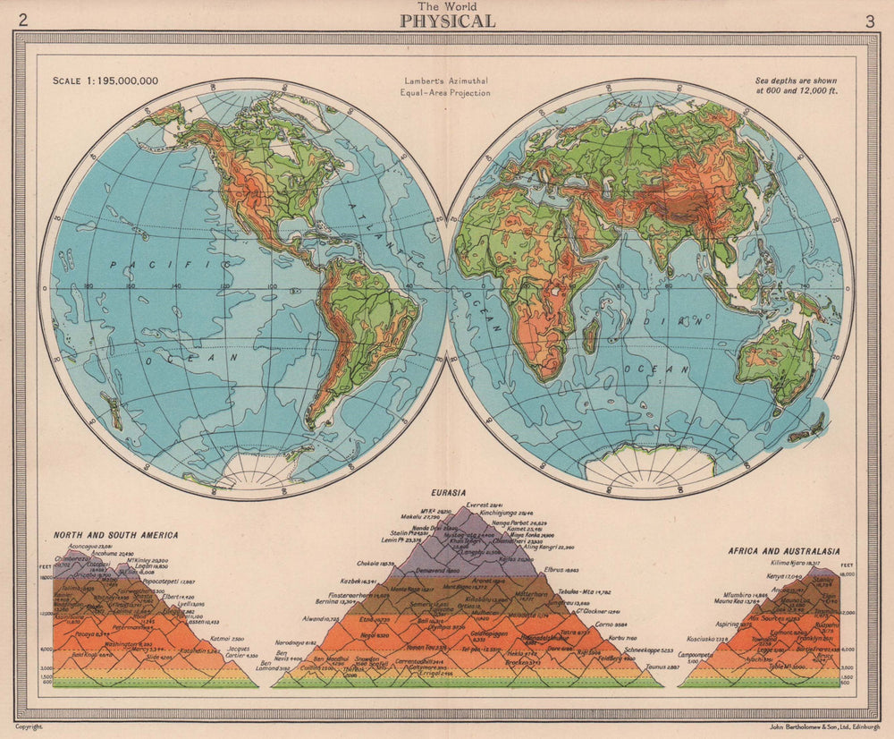World - Physical. Hemispheres. Mountains. BARTHOLOMEW 1949 old vintage map