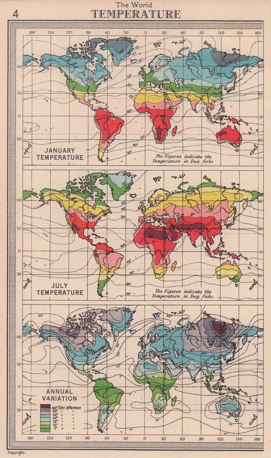 World - Temperature. January, July & Variation. BARTHOLOMEW 1949 old map