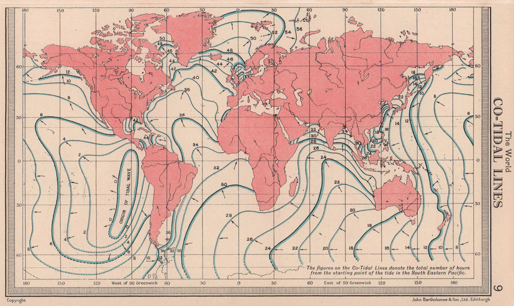World - Co-Tidal Lines. BARTHOLOMEW 1949 old vintage map plan chart