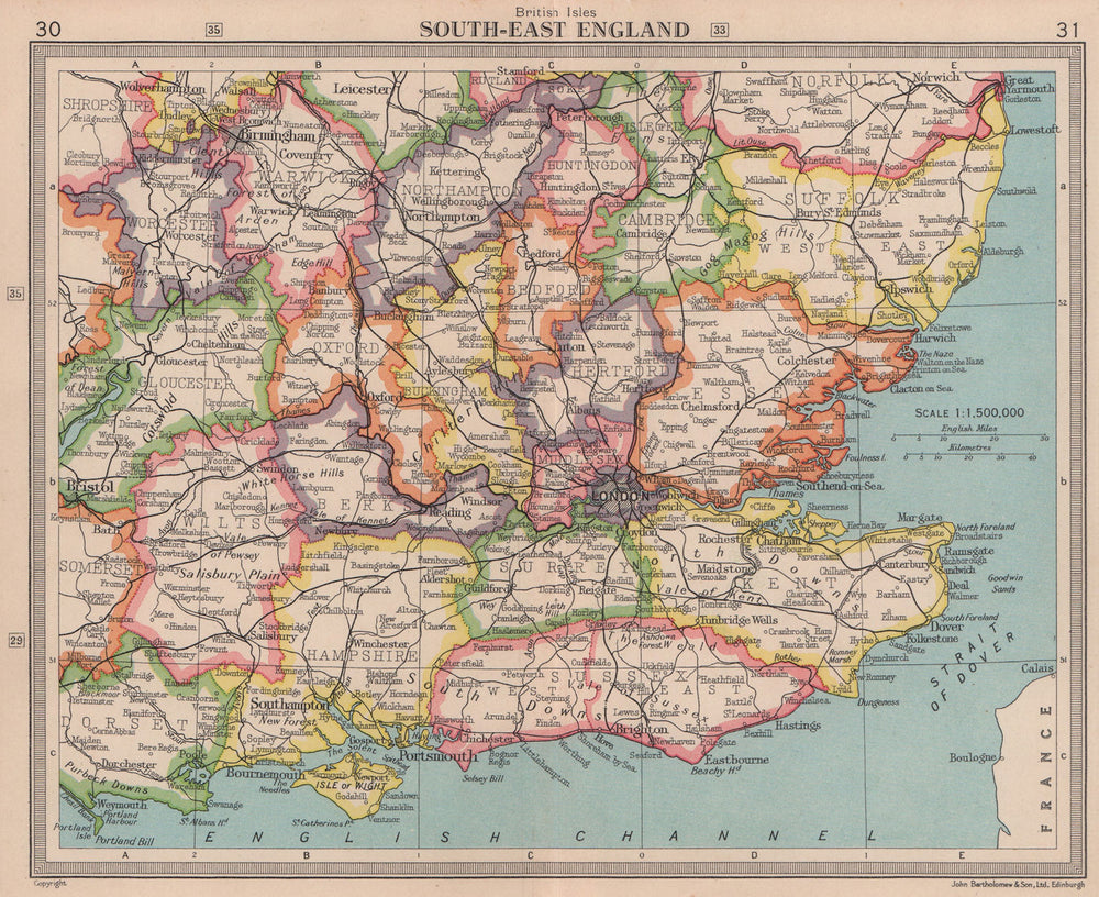 South East England. Home Counties. BARTHOLOMEW 1949 old vintage map plan chart