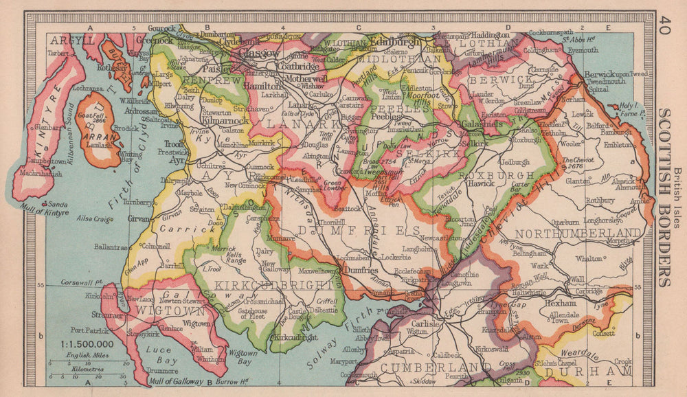 Scottish Borders. Southern Scotland. BARTHOLOMEW 1949 old vintage map chart