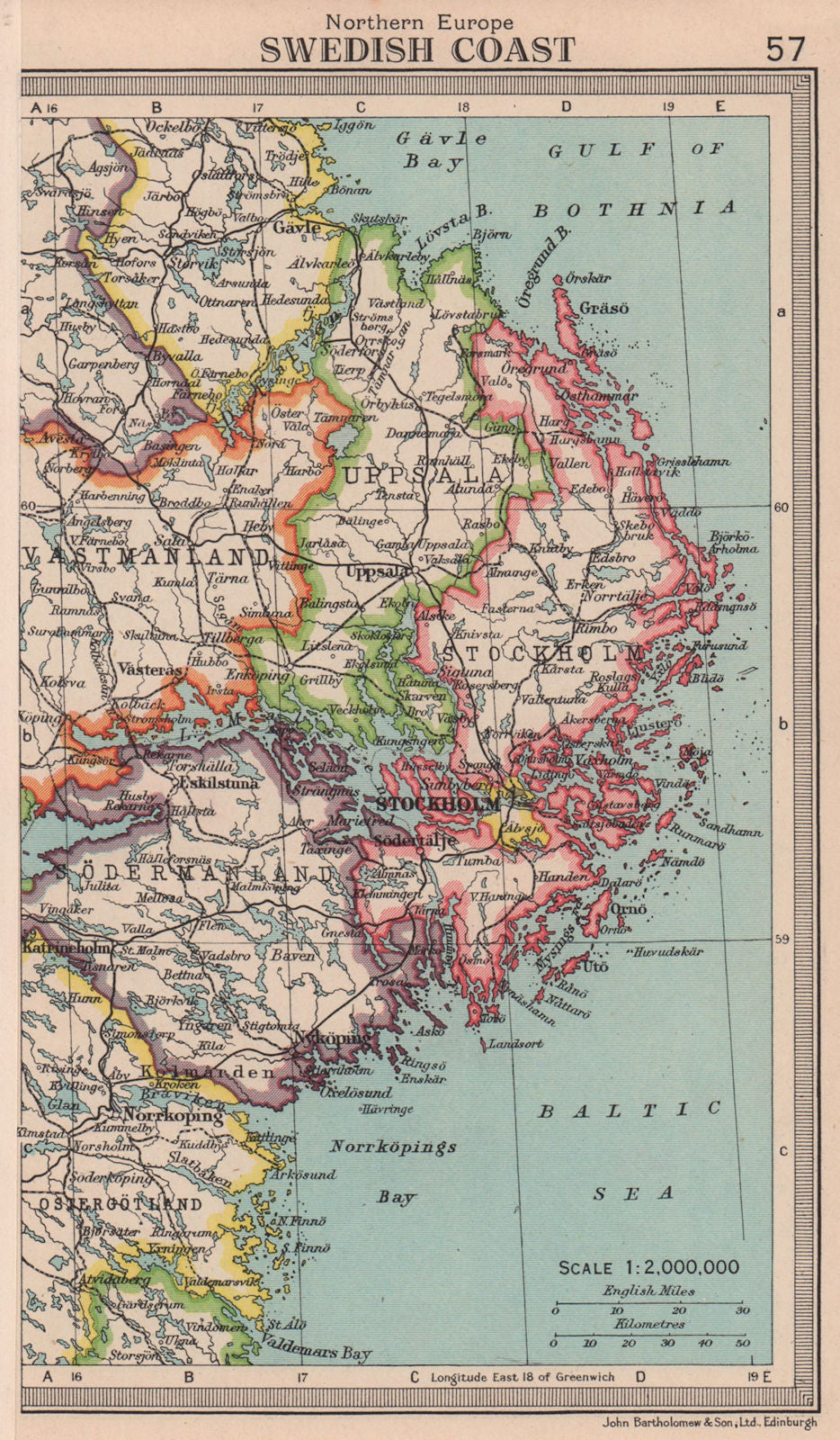 Swedish Coast. Sweden. Stgockholm environs. BARTHOLOMEW 1949 old vintage map