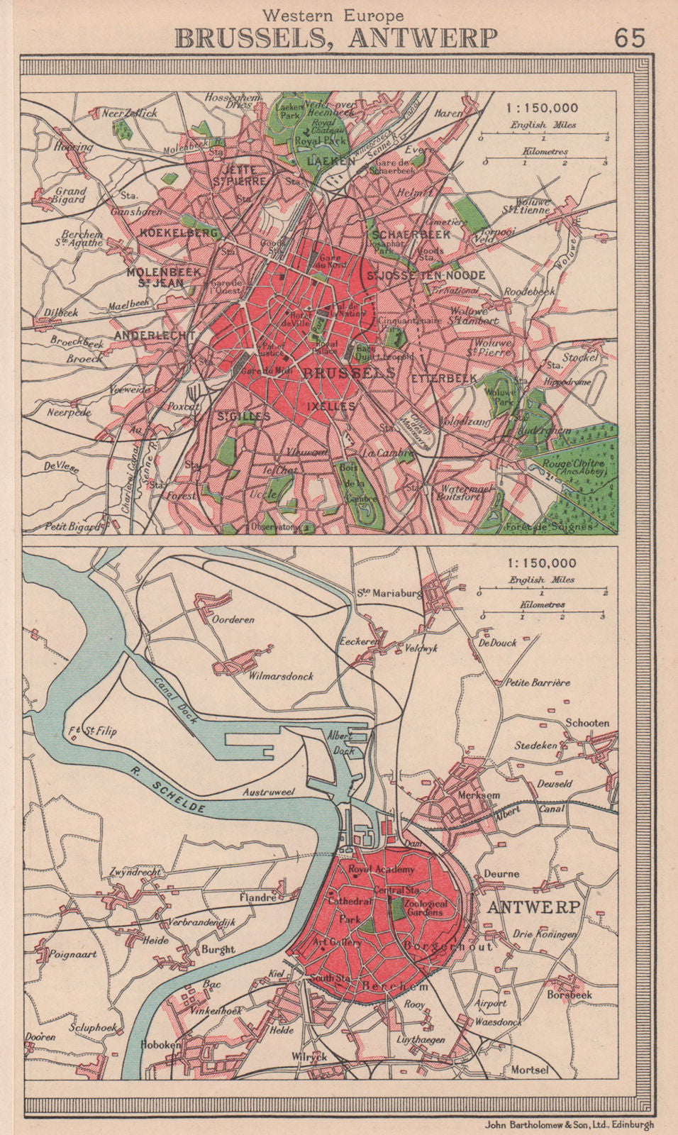 Belgian cities. Brussels & Antwerp. Belgium. BARTHOLOMEW 1949 old vintage map