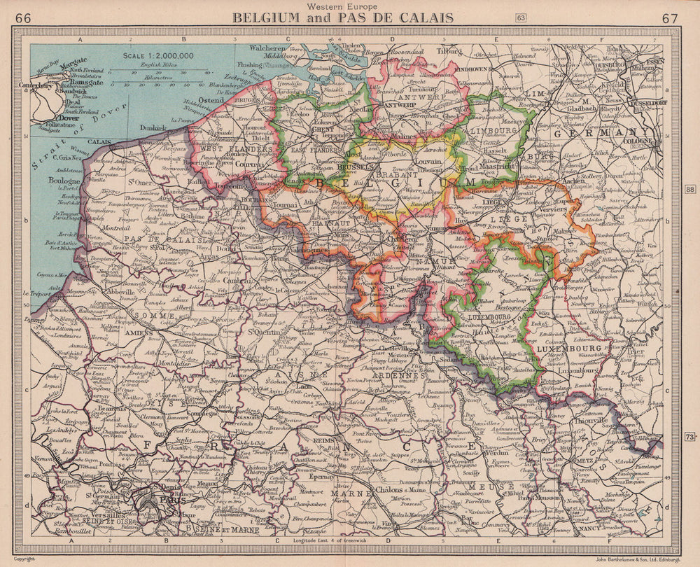 Belgium & North-east France. Hauts-de-France. BARTHOLOMEW 1949 old vintage map