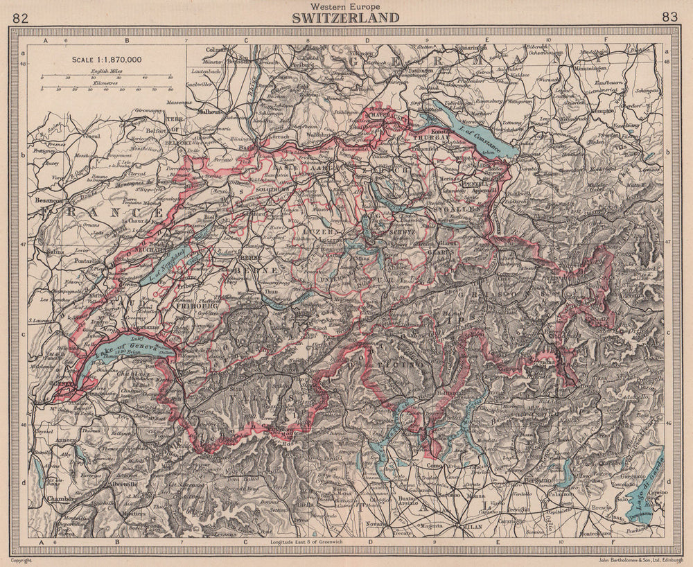 Switzerland in cantons. BARTHOLOMEW 1949 old vintage map plan chart