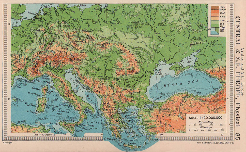 Central & South East Europe - Physical. BARTHOLOMEW 1949 old vintage map chart