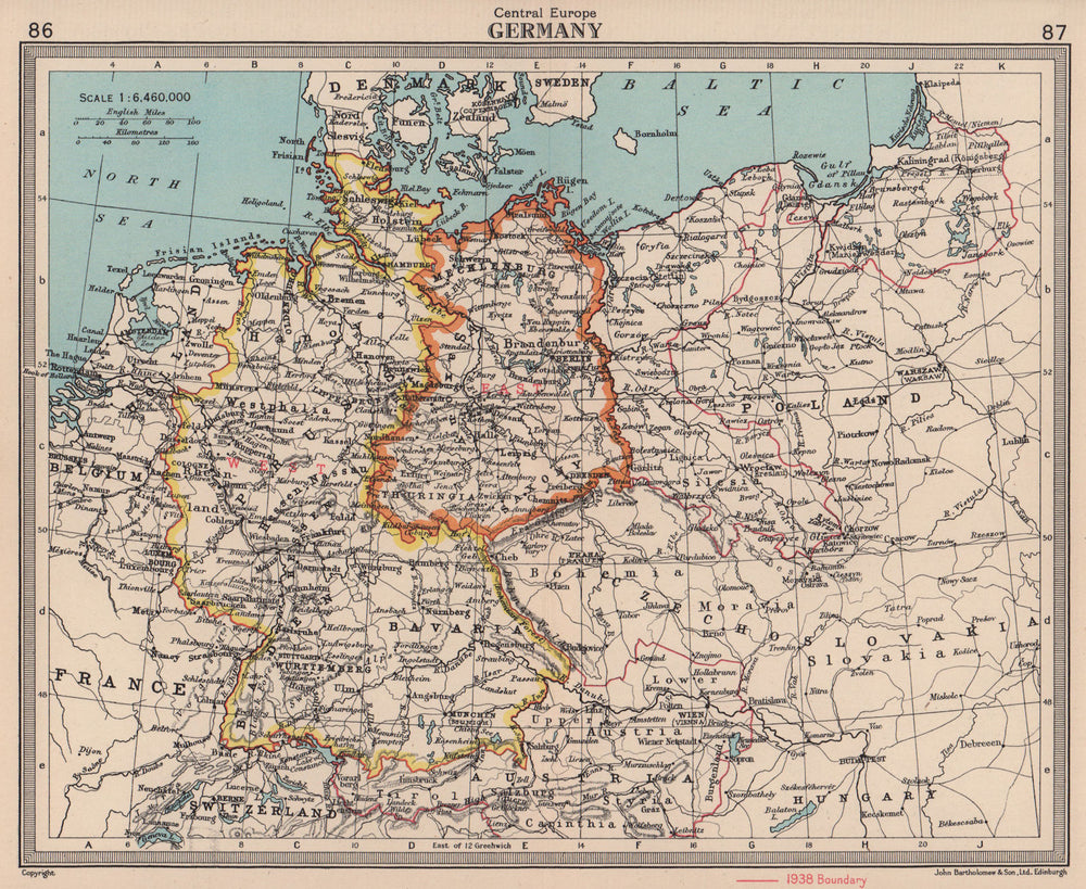 West & East Germany. 1938 borders in red. BARTHOLOMEW 1949 old vintage map