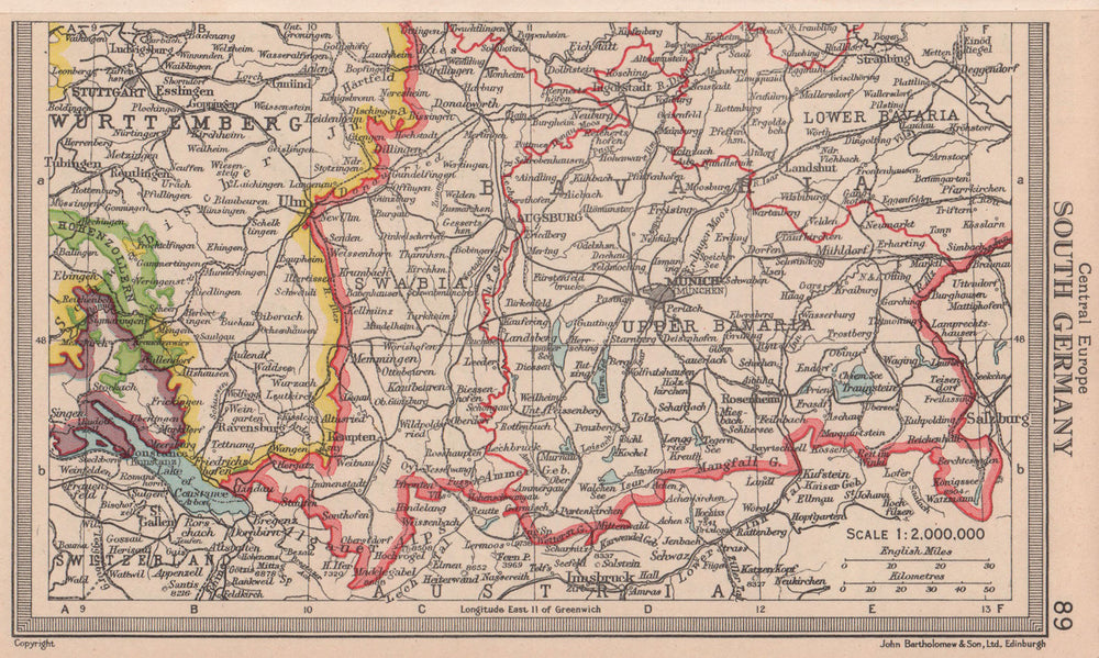 Southern Germany. Bavaria Swabia Wurttemberg. BARTHOLOMEW 1949 old vintage map