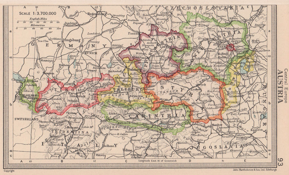 Austria in states. BARTHOLOMEW 1949 old vintage map plan chart