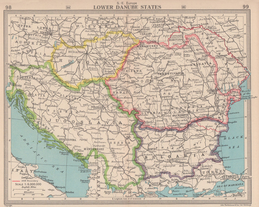 Balkans 1938 & 1945 borders. Romania Hungary Bulgaria Yugoslavia 1949 old map