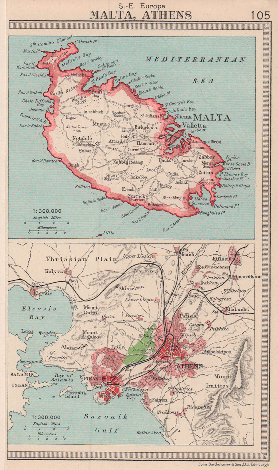 Malta & Athens/Piraeus environs plan. BARTHOLOMEW 1949 old vintage map chart