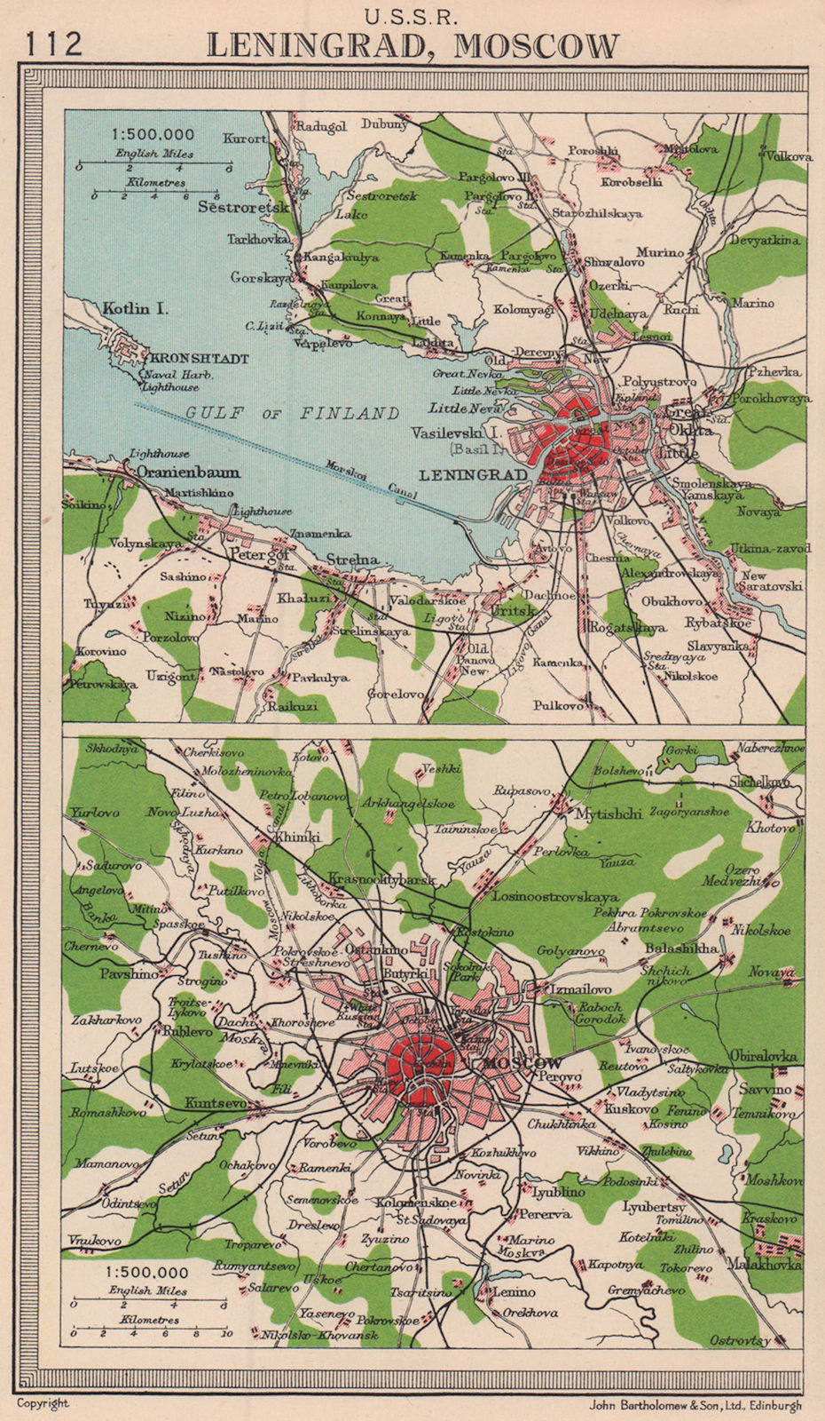 U.S.S.R. Russian cities. Leningrad & Moscow environs. BARTHOLOMEW 1949 old map