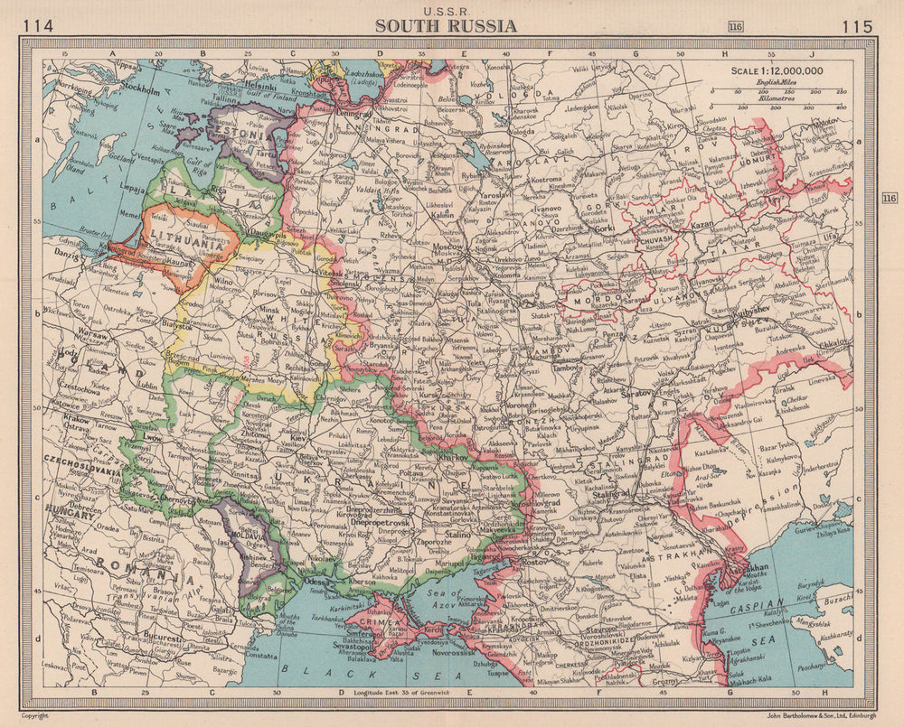 USSR South & White Russia. Ukraine. Baltic states. 1938 & 1945 borders 1949 map