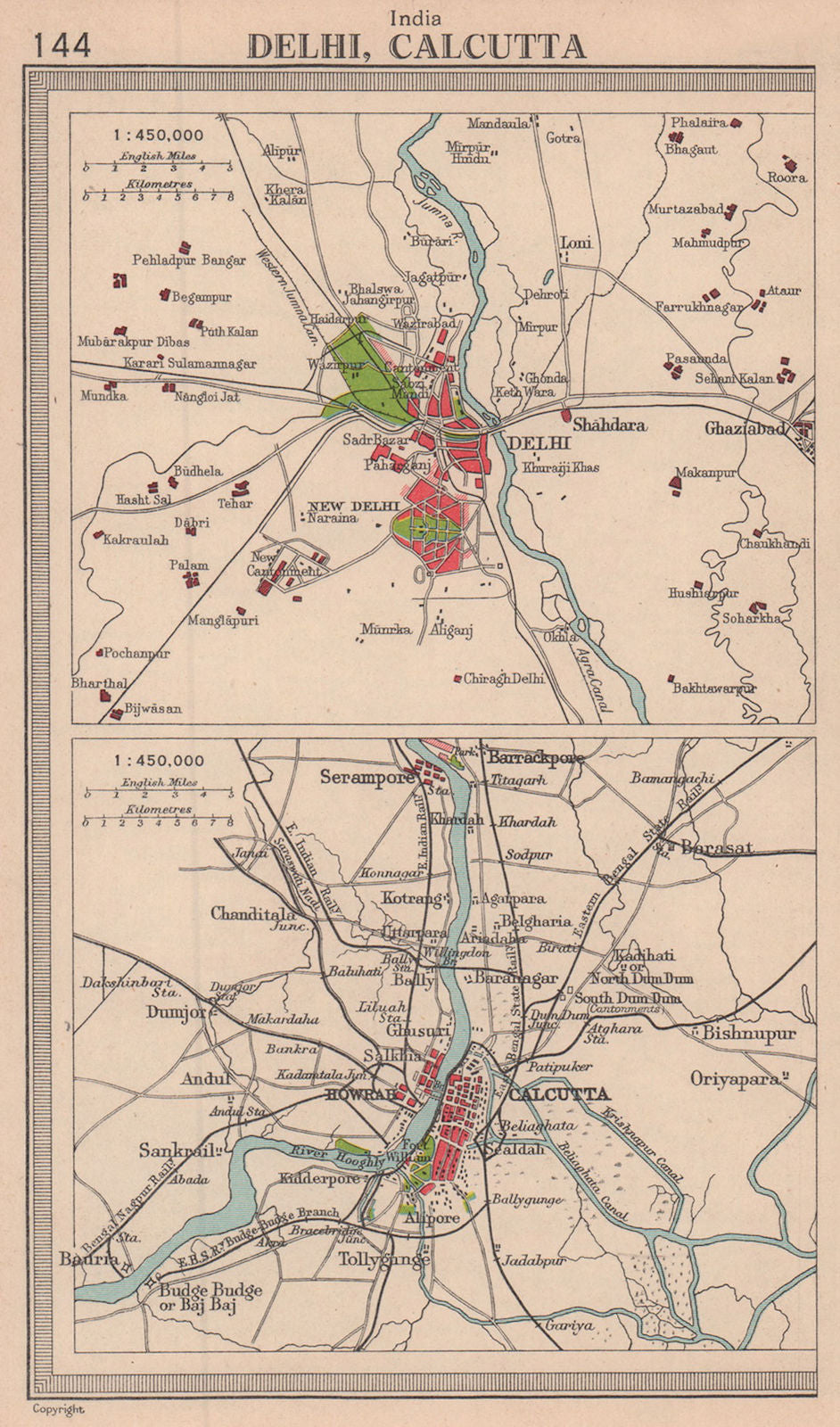 Indian cities. Delhi & Calcutta environs. BARTHOLOMEW 1949 old vintage map