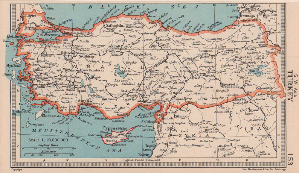 Turkey. Anatolia. Asia Minor. BARTHOLOMEW 1949 old vintage map plan chart