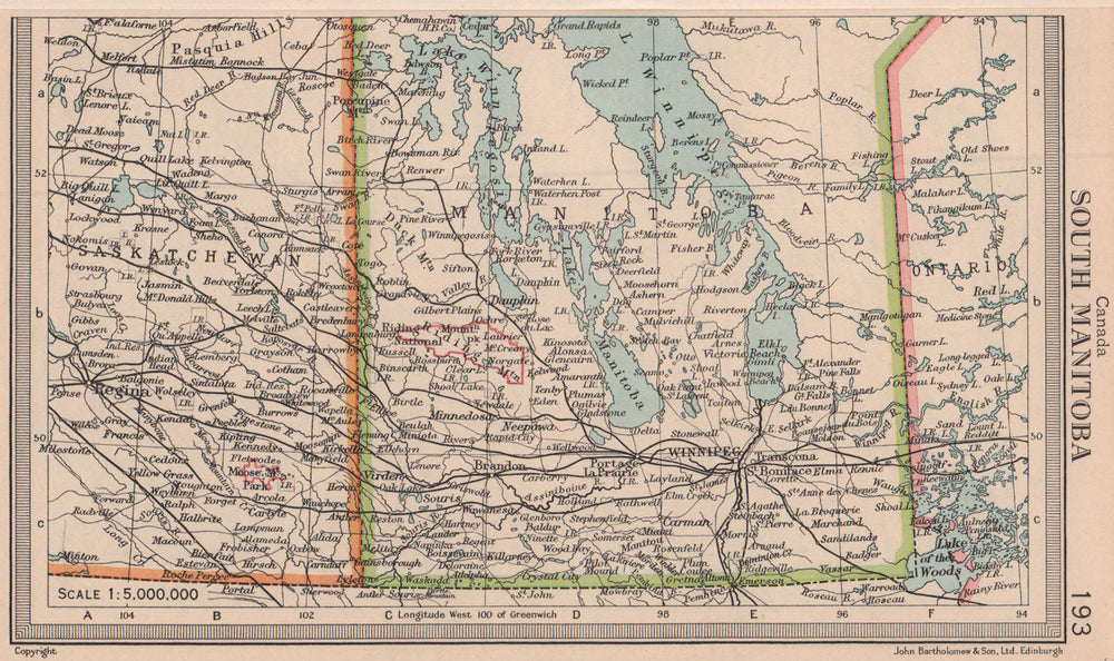 Canada South Manitoba. Winnipeg. BARTHOLOMEW 1949 old vintage map plan chart