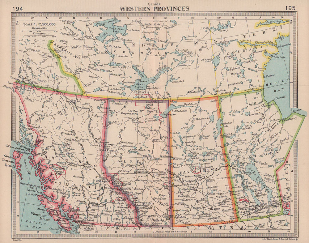 Canada Western Provinces. British Columbia Alberta SK MB. BARTHOLOMEW 1949 map