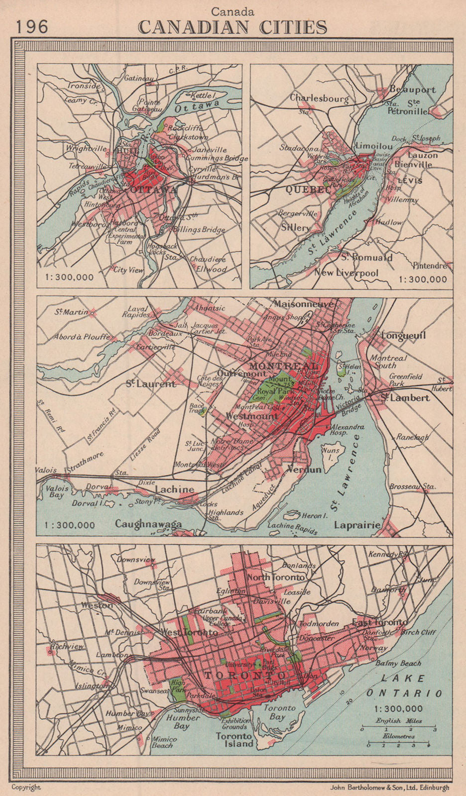 Canadian Cities. Ottawa Quebec Montreal Toronto. Canada. BARTHOLOMEW 1949 map