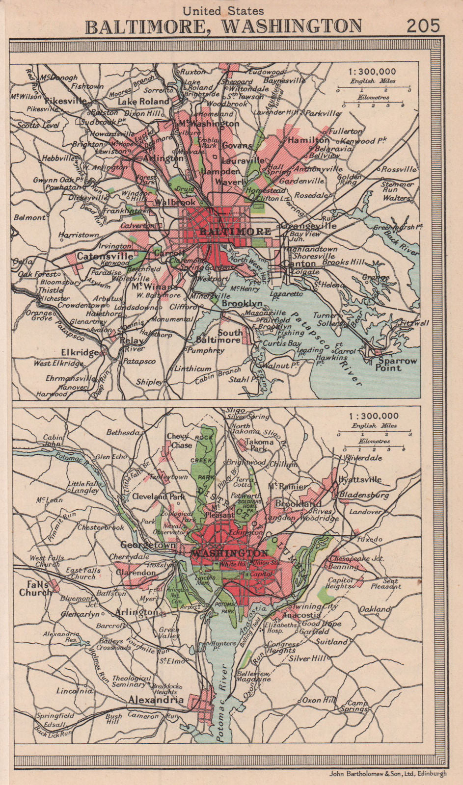US cities. Baltimore & Washington DC environs. Maryland. BARTHOLOMEW 1949 map