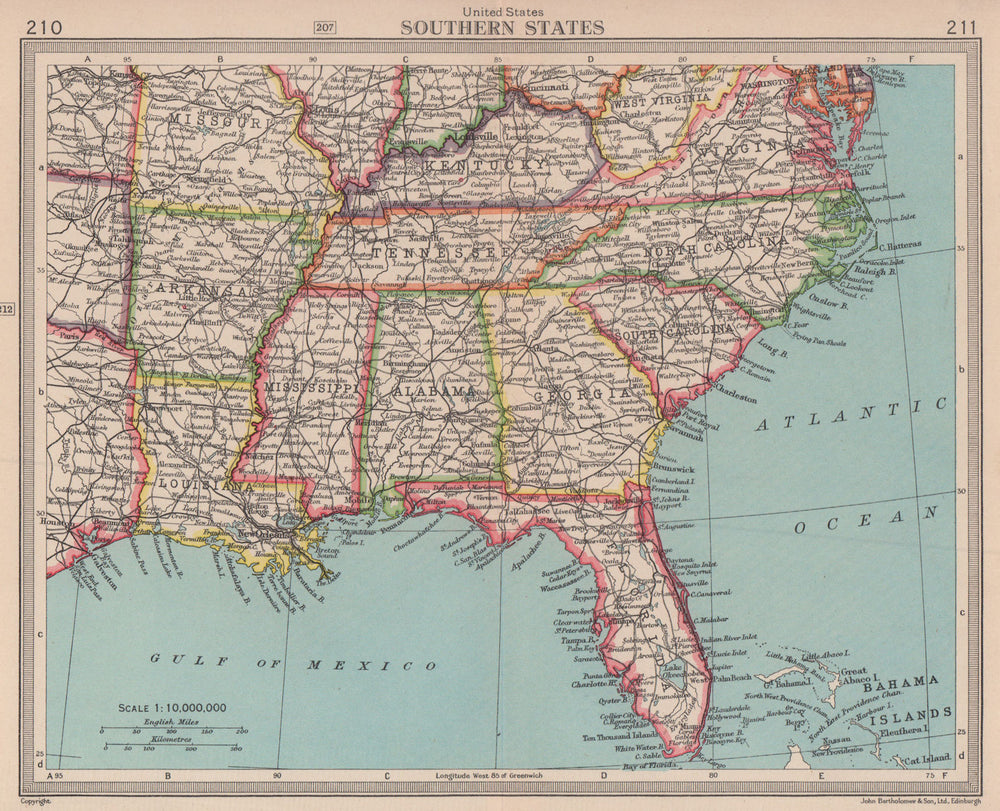 United States Southern States. Southeastern USA. BARTHOLOMEW 1949 old map