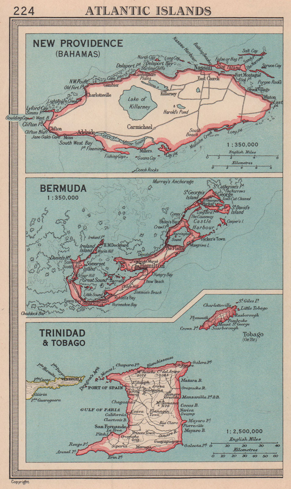 New Providence, Bahamas. Bermuda. Trinidad Tobago. BARTHOLOMEW 1949 old map