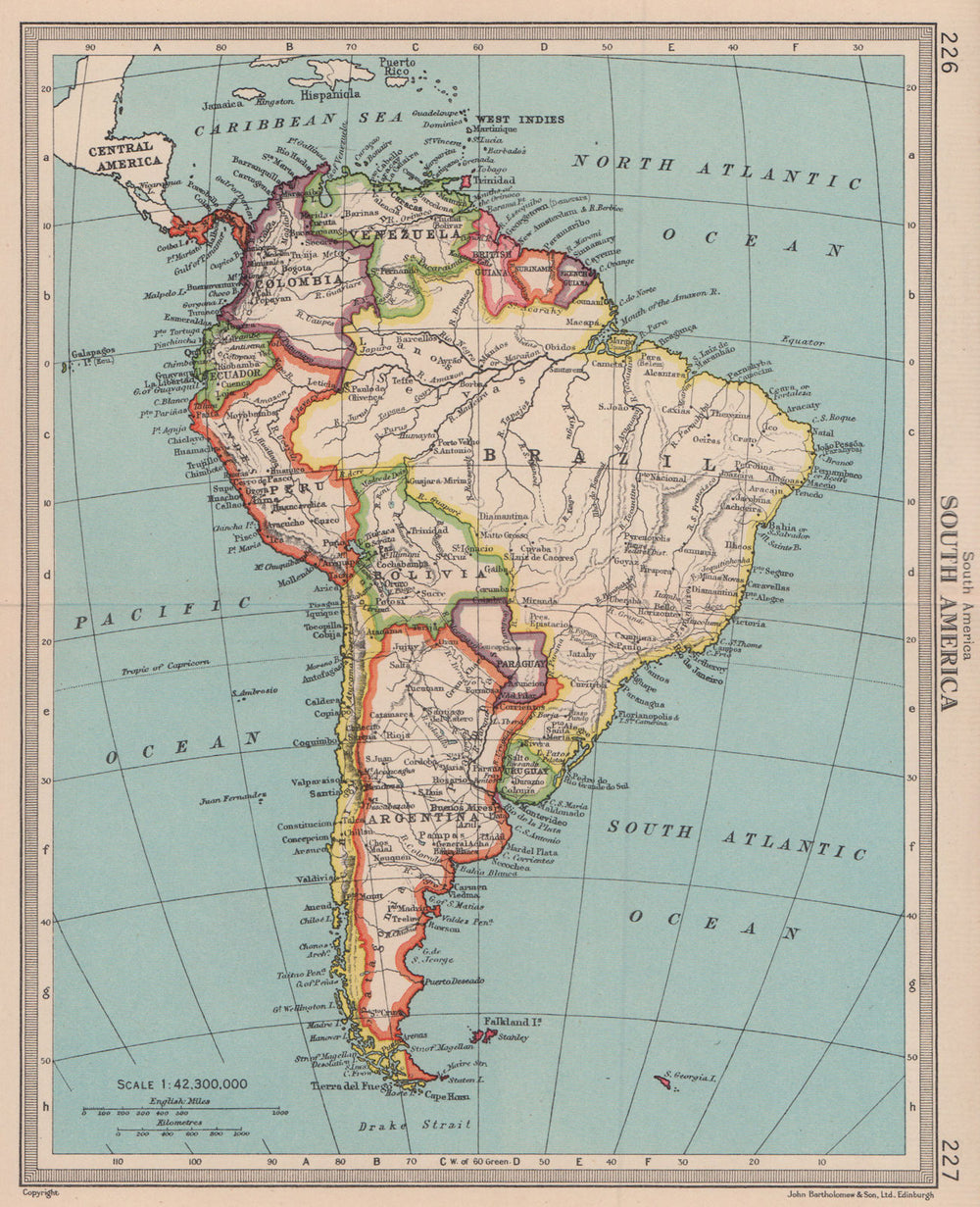 South America - Political. BARTHOLOMEW 1949 old vintage map plan chart