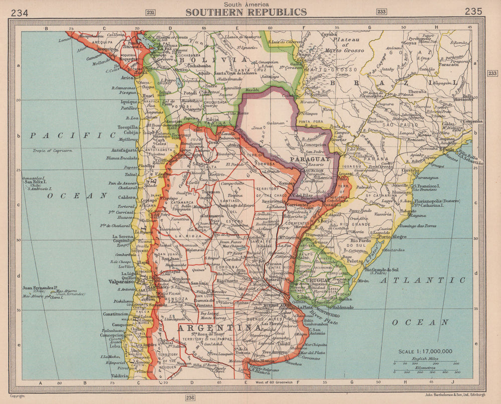 South America central. Argentina Chile Uruguay Paraguay. BARTHOLOMEW 1949 map
