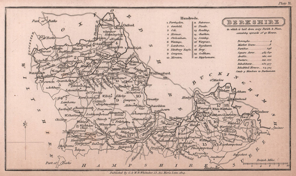 Berkshire antique copperplate county map by Benjamin Pitts Capper 1825 old