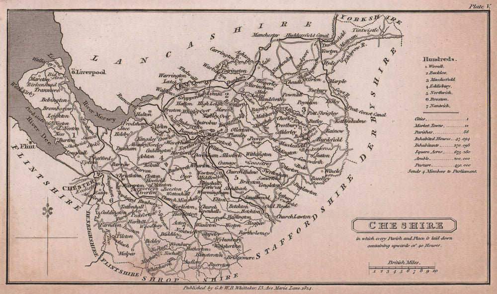 Cheshire antique copperplate county map by Benjamin Pitts Capper 1825 old