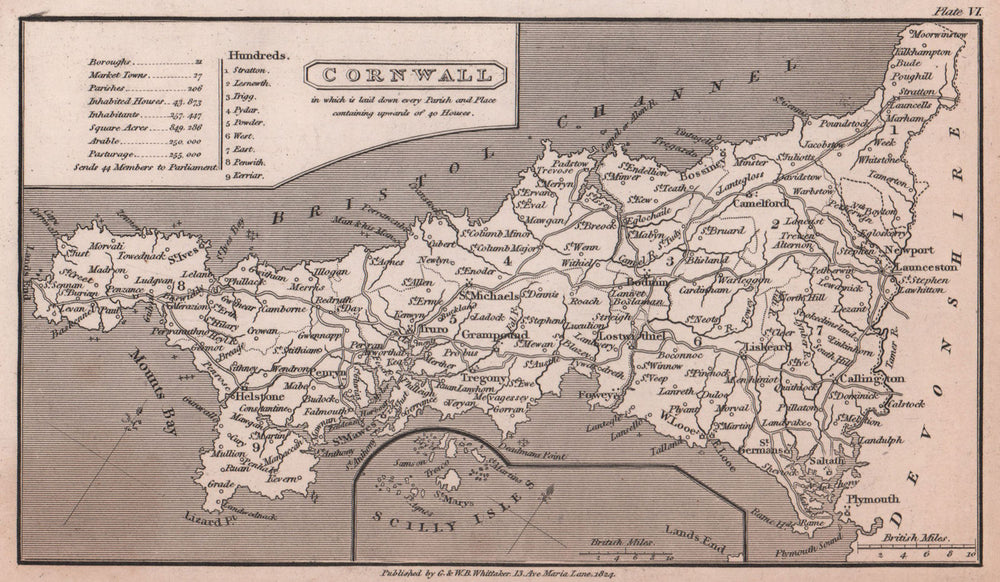 Cornwall antique copperplate county map by Benjamin Pitts Capper 1825 old