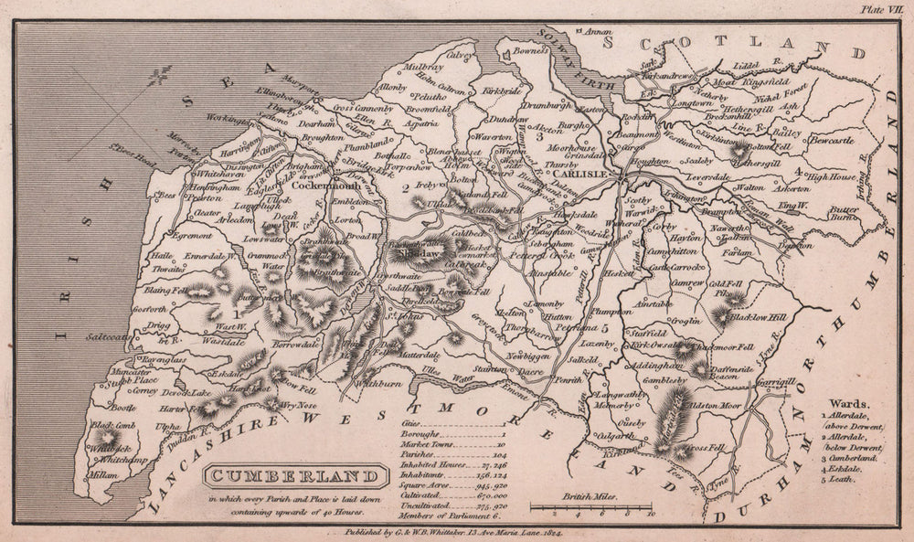 Cumberland antique copperplate county map by Benjamin Pitts Capper. Cumbria 1825