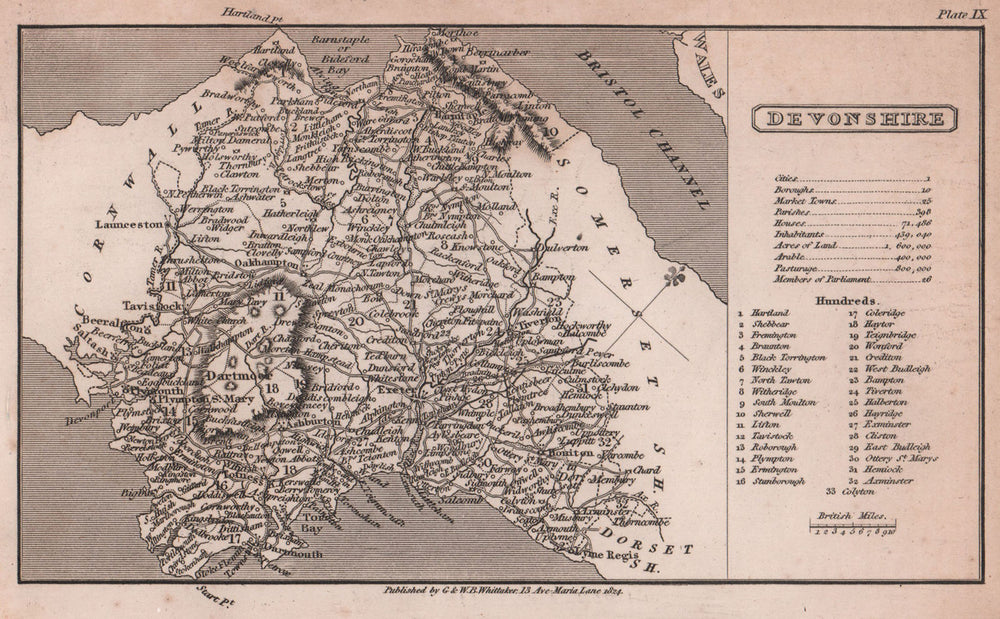 Devonshire antique copperplate county map by Benjamin Pitts Capper 1825