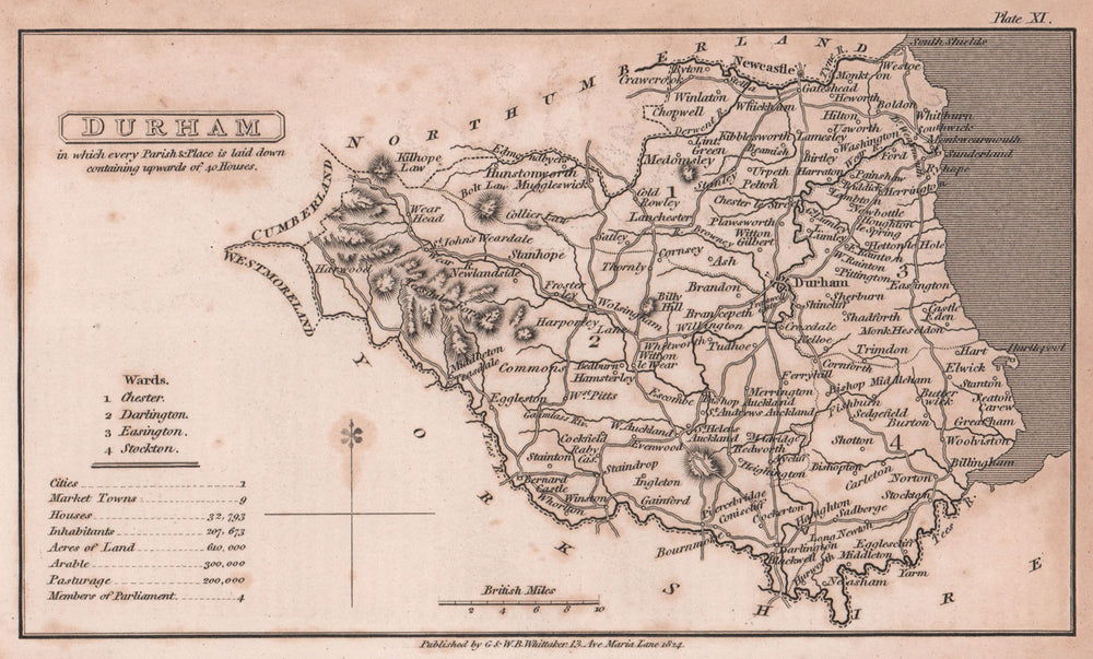 Durham antique copperplate county map by Benjamin Pitts Capper 1825 old