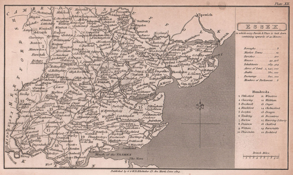 Essex antique copperplate county map by Benjamin Pitts Capper 1825 old