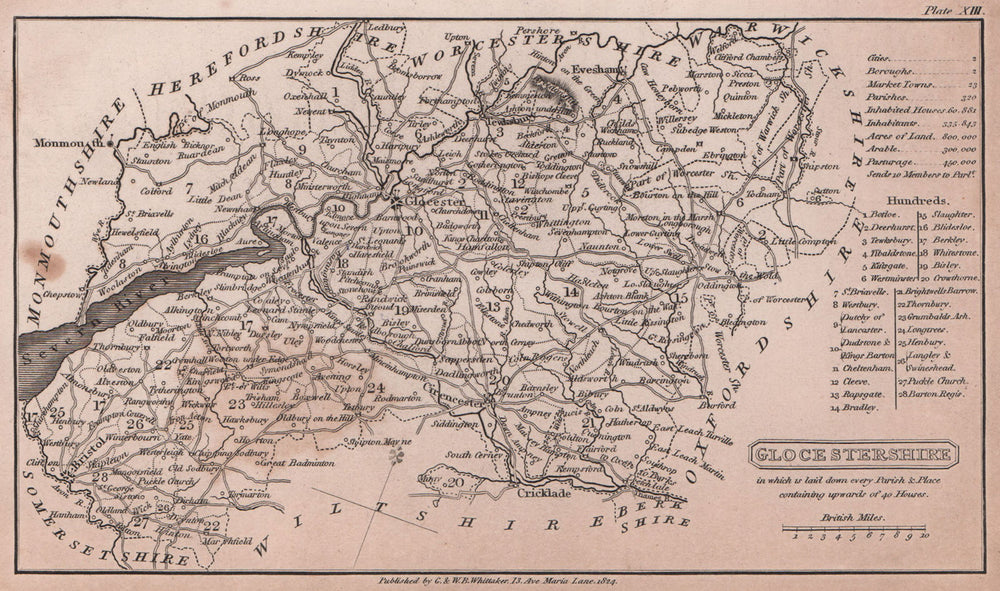 Gloucestershire antique copperplate county map by Benjamin Pitts Capper 1825