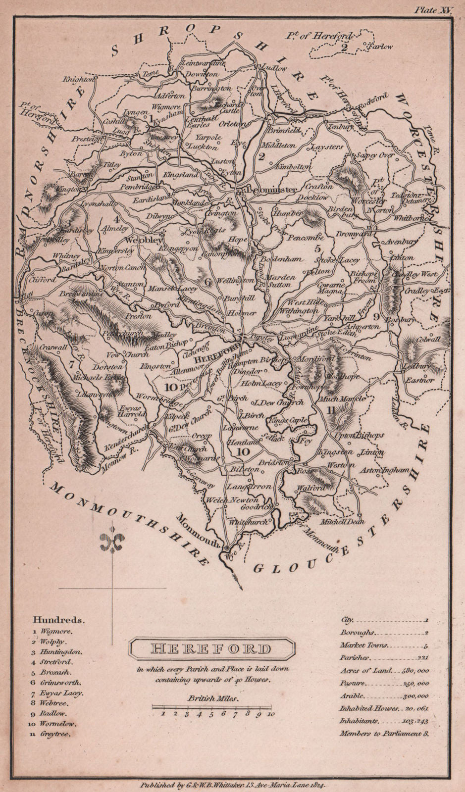 Herefordshire antique copperplate county map by Benjamin Pitts Capper 1825