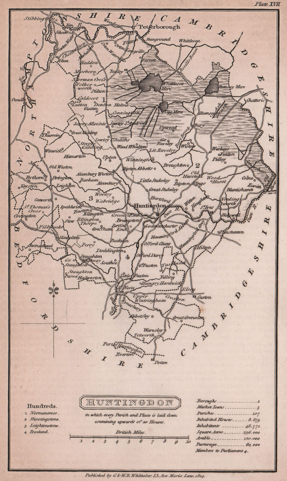 Huntingdonshire antique copperplate county map by Benjamin Pitts Capper 1825